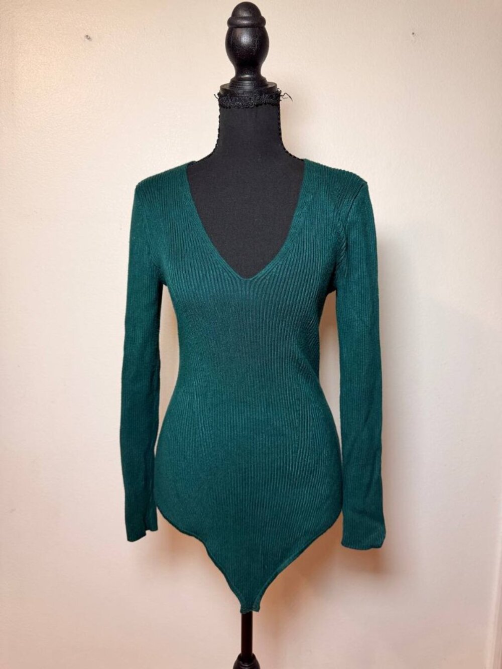 Abercrombie & Fitch Green Ribbed Sweater Bodysuit V Neck Long Sleeve Old Money L